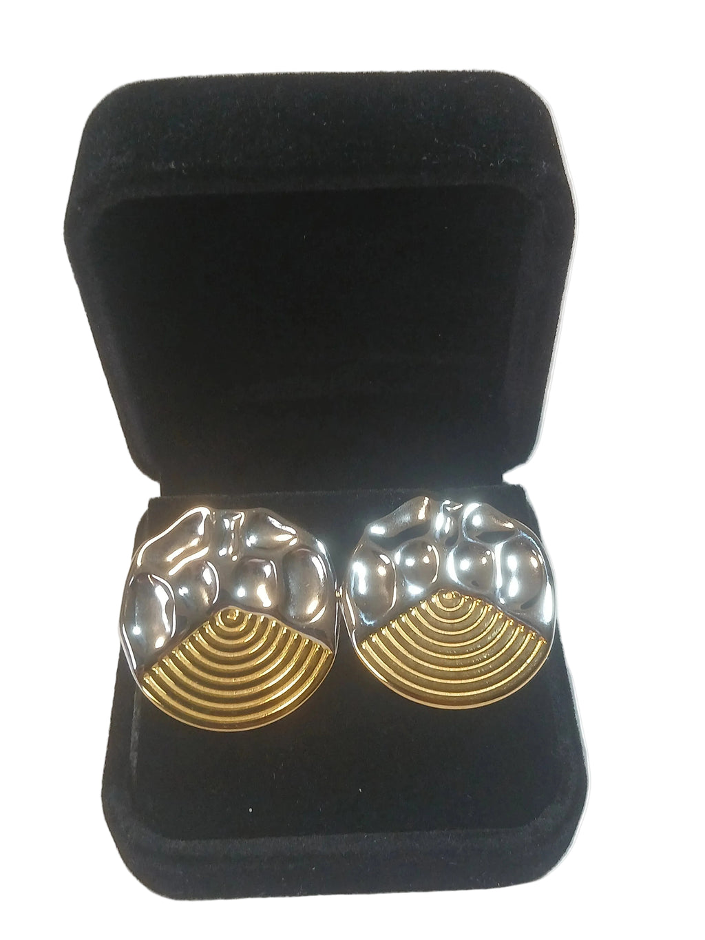 Eclipse Fusion | Two-Tone Hammered Statement Studs Clip Earrings