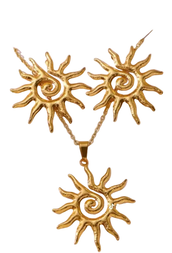 18K Gold Plated 304 Stainless Steel Polished Celestial Sunburst Pendant Necklace & Matching Earring Set — Tarnish-Free Premium Jewelry