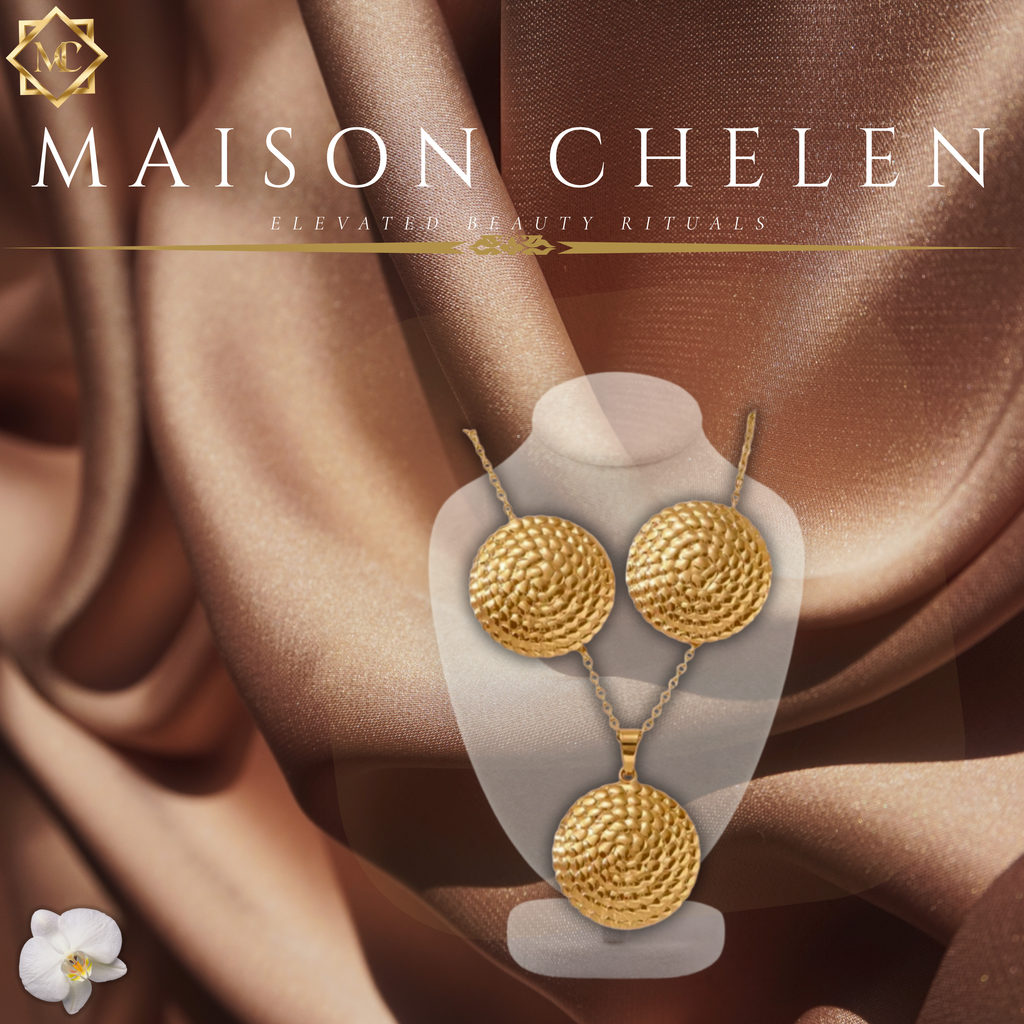 18K Gold Plated 304 Stainless Steel Spiral Basketweave Dome Pendant Necklace & Matching Earring Set — Tarnish-Free Premium Jewelry