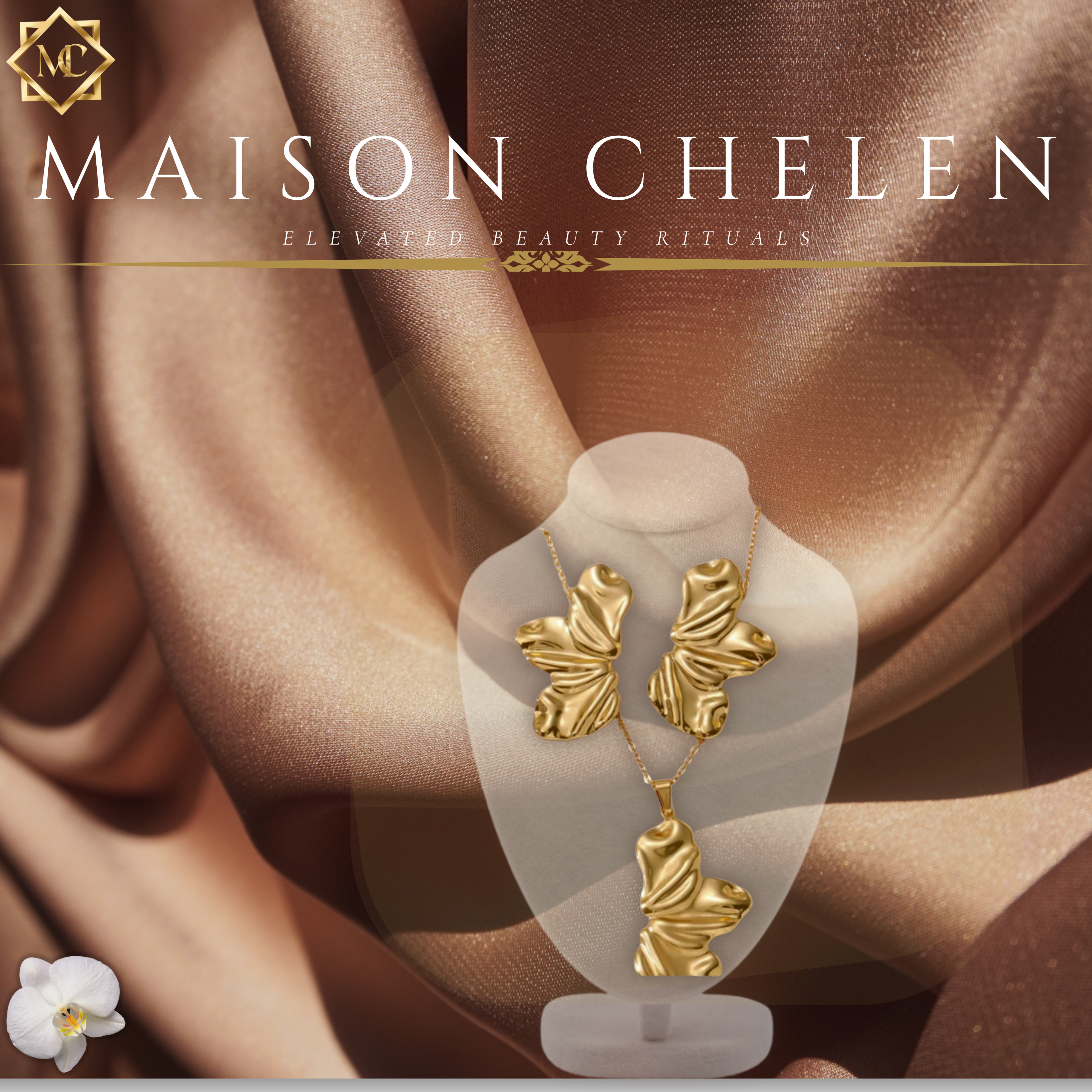 18K Gold Plated 304 Stainless Steel Abstract Pleated Flower Petal Pendant Necklace & Matching Earring Set — Tarnish-Free Premium Jewelry