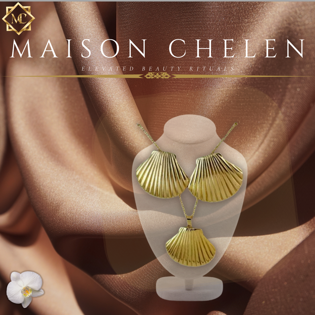 18K Gold Plated 304 Stainless Steel Fluted Scallop Shell Pendant Necklace & Matching Earring Set — Tarnish-Free Premium Jewelry