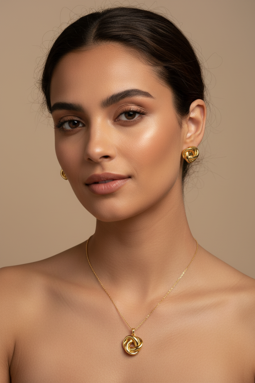 Model wearing the 18K Gold Plated Interlocking Love Knot Pendant Necklace and Earring Set