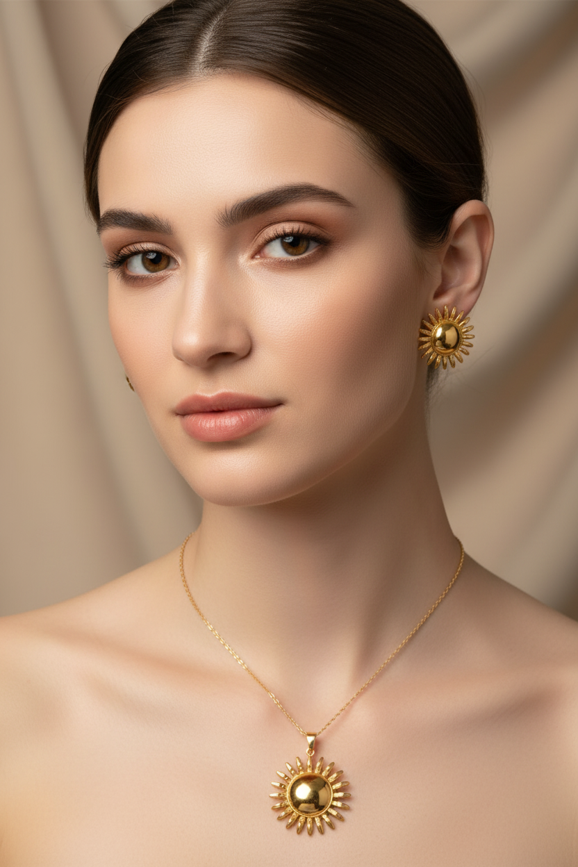 Gold Sunburst Stud Earrings & Necklace Set