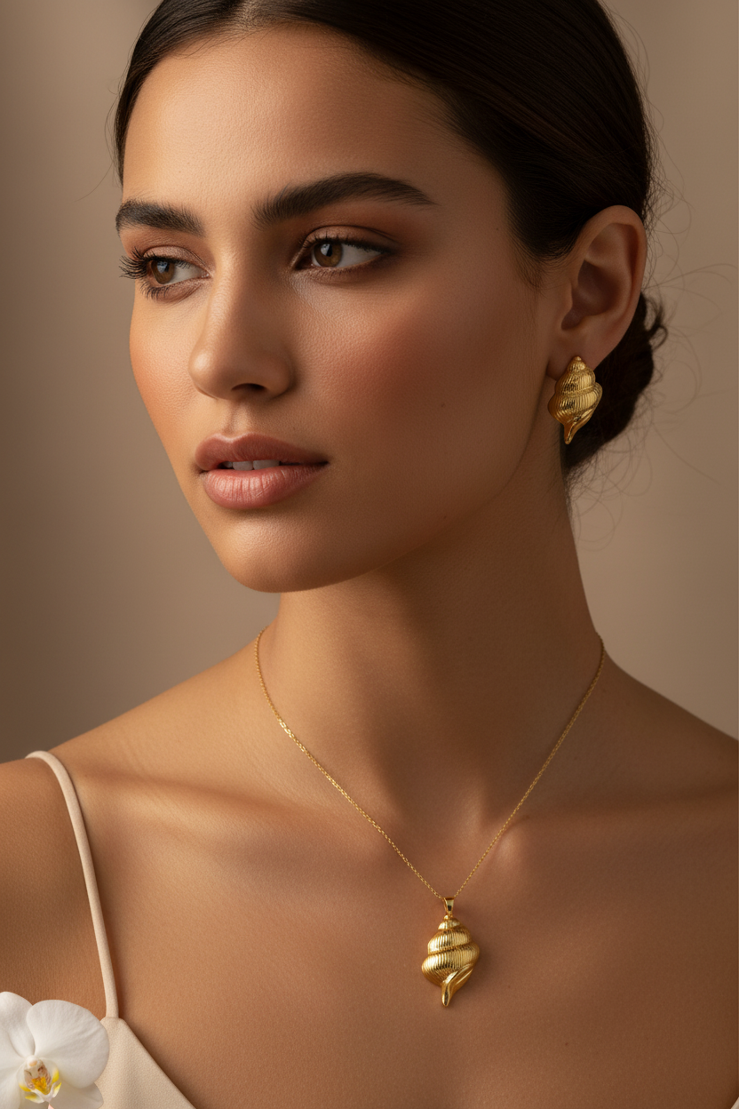 Model wearing the Stainless Steel Ocean Seashell Pendant Jewelry Set