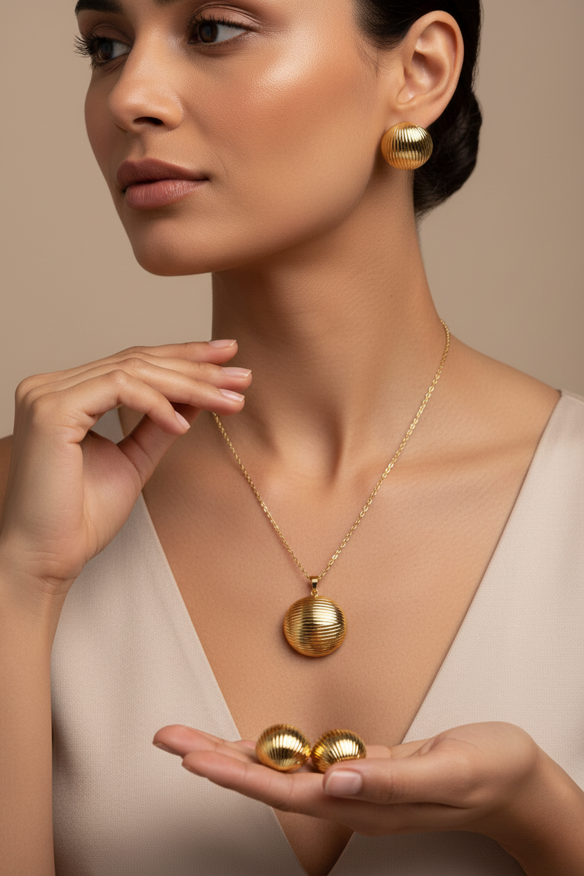 Model wearing the 18K Gold Plated Ribbed Shell Pendant Necklace and Drop Earring Set