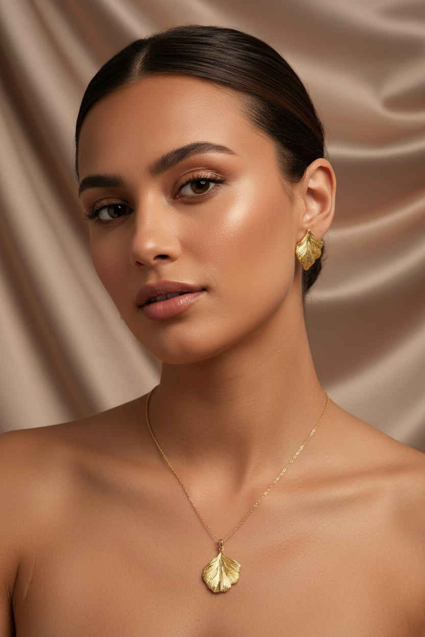Model wearing the 18K Gold Plated Textured Ginkgo Leaf Pendant Necklace and Earring Set