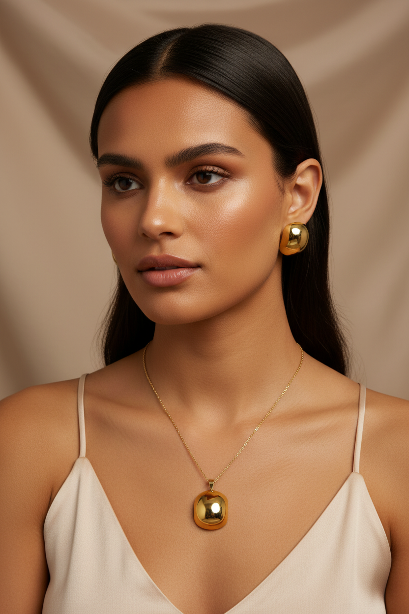 Model wearing the 18K Gold Plated Chunky Dome Cushion Pendant Necklace and Earring Set