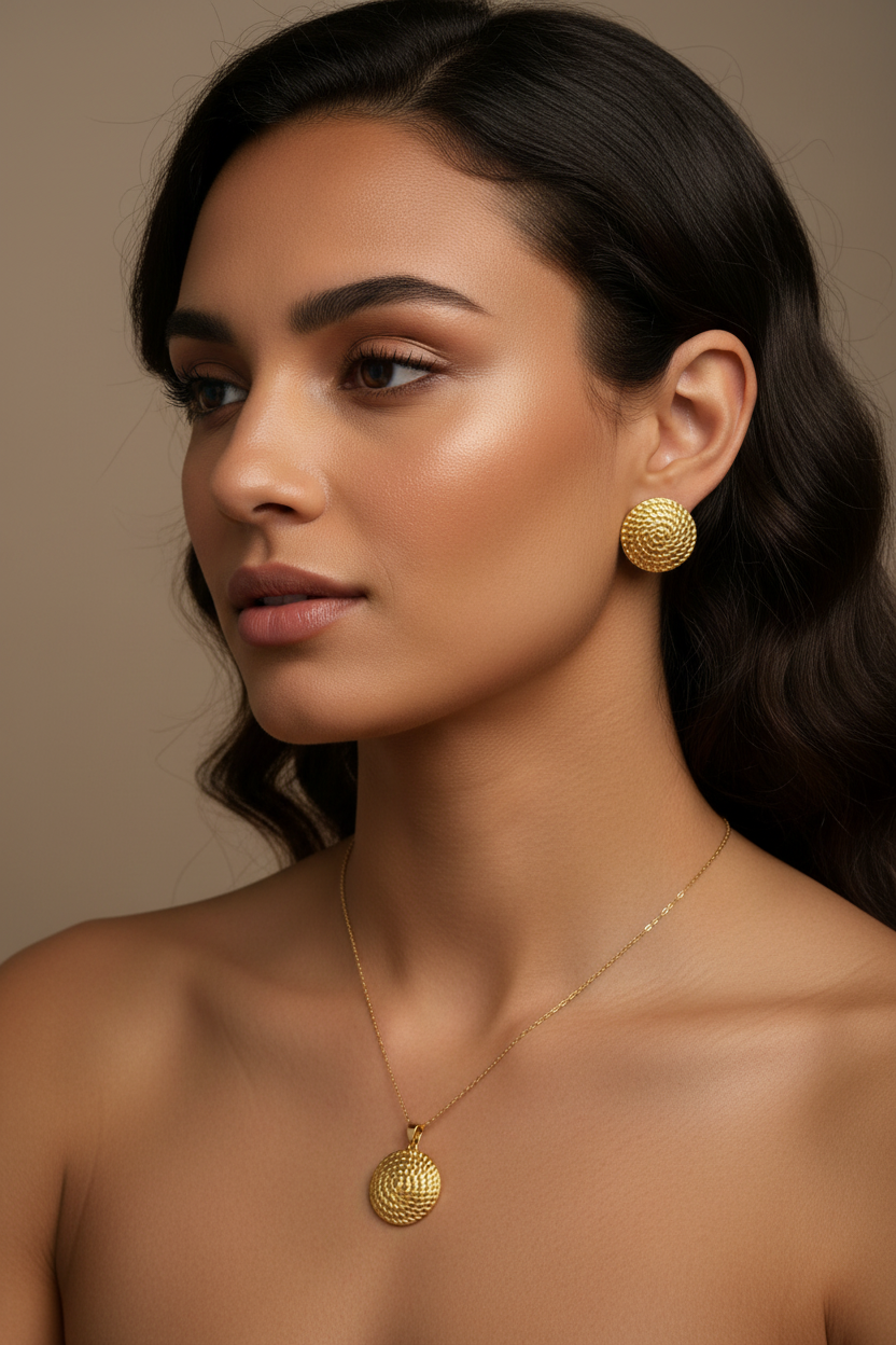 Model wearing the 18K Gold Plated Spiral Basketweave Dome Pendant Necklace and Earring Set