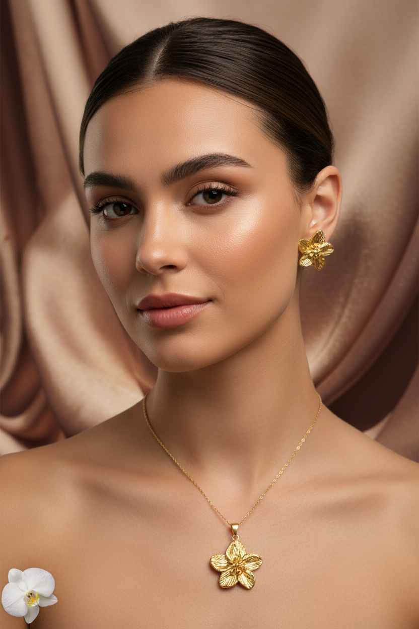 Model wearing the 18K Gold Plated Hawaiian Plumeria Flower Pendant Necklace and Earring Set