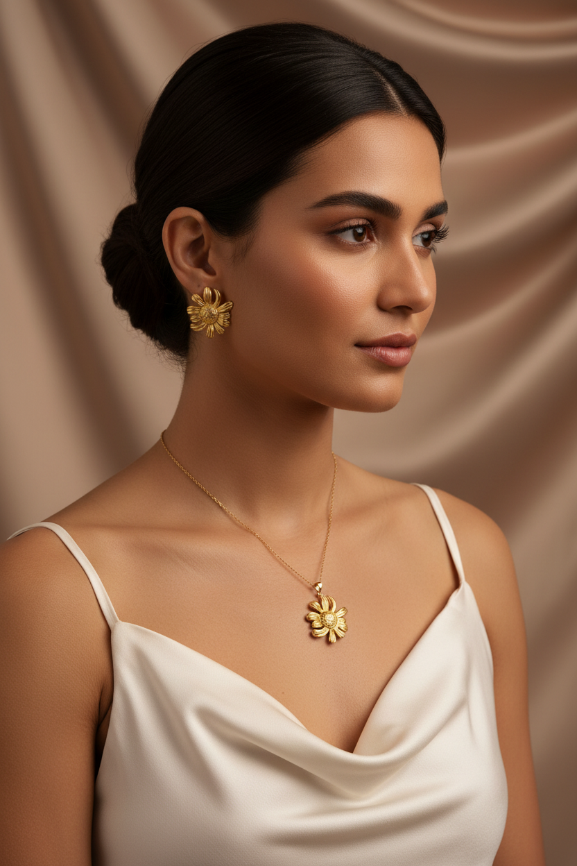 Model wearing the 18K Gold PVD Plated 304 Stainless Steel Necklace and Earring Set