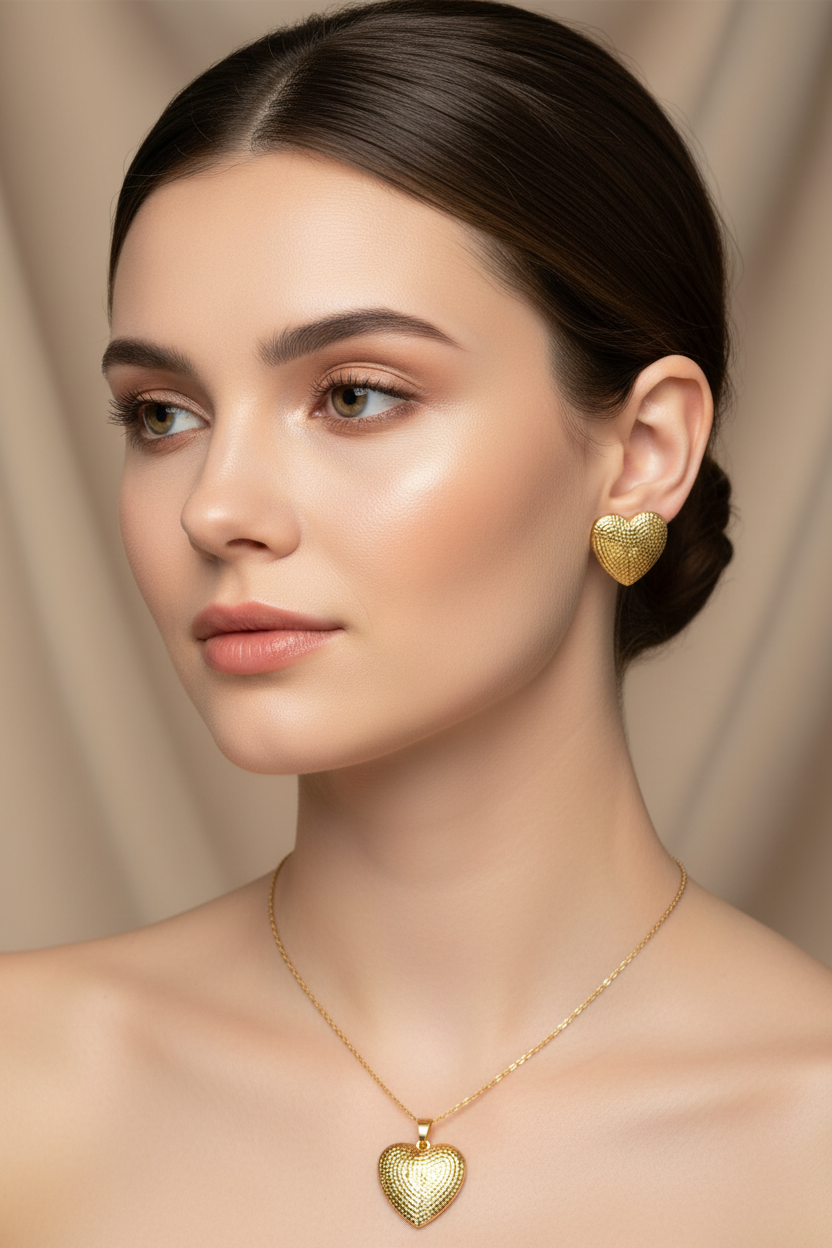 Gold Textured Heart Stud Earrings & Necklace Set