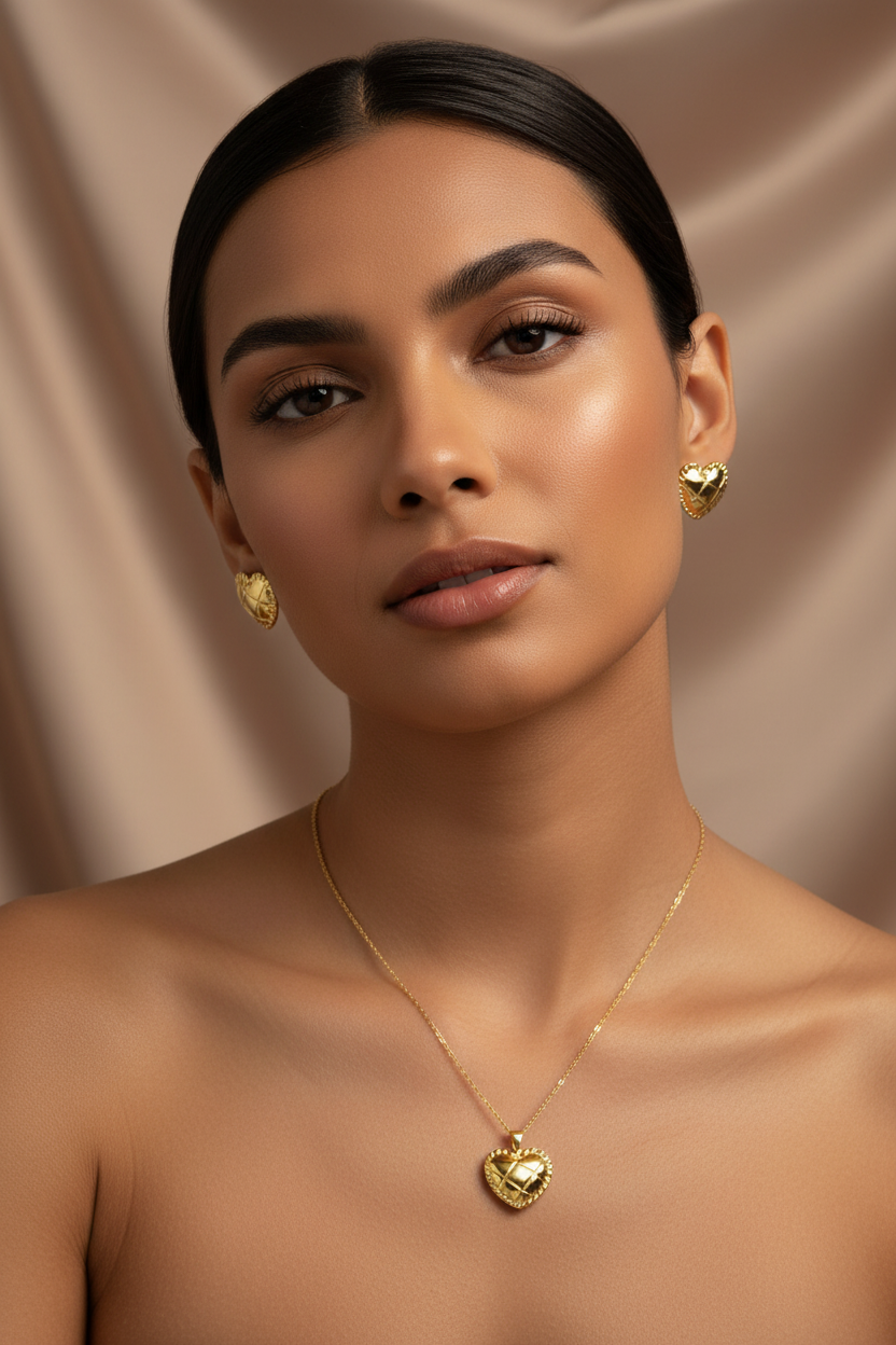 Model wearing the 18K Gold Plated Quilted Heart Pendant Necklace and Earring Set