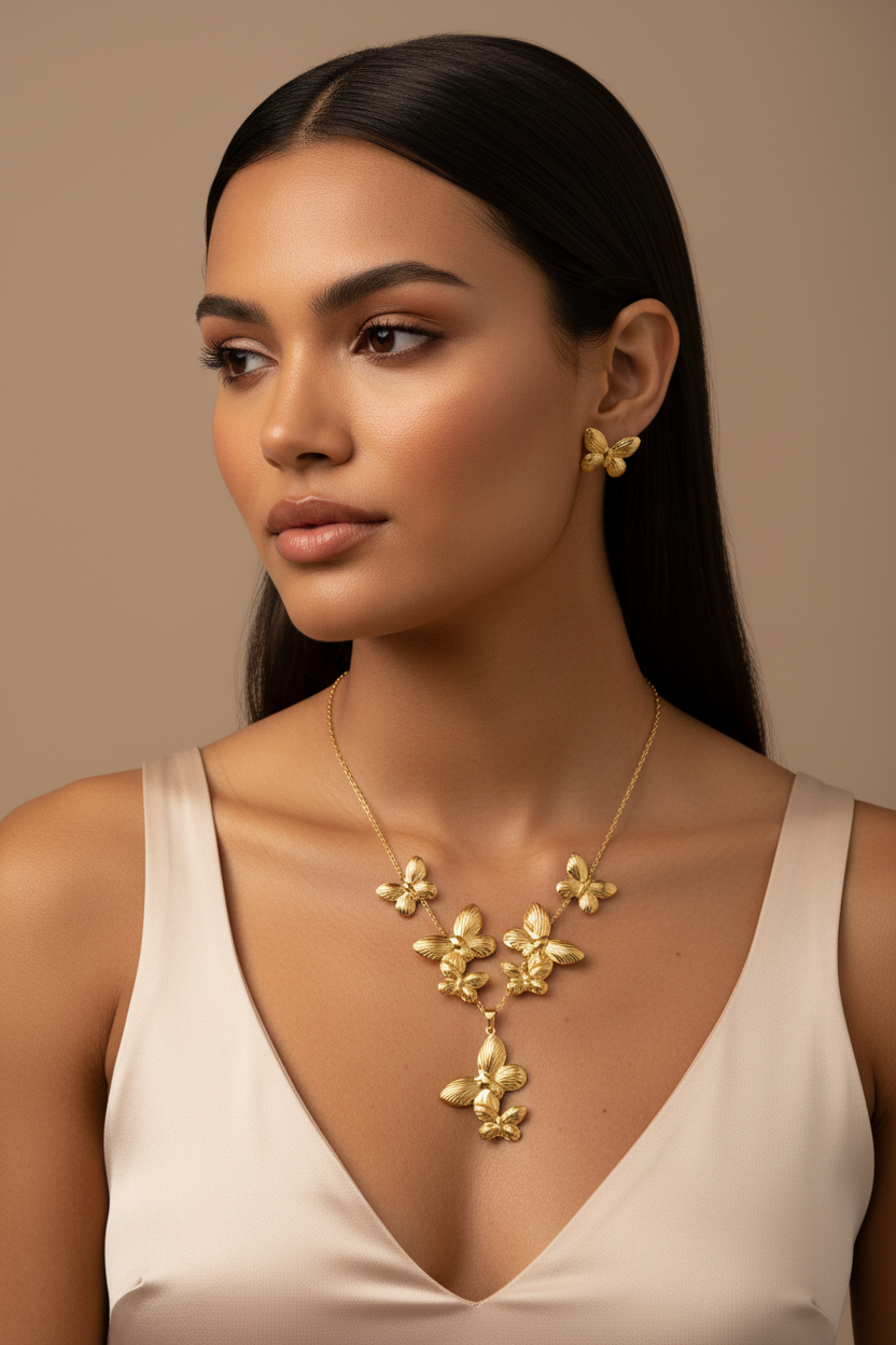 Model wearing the 18K Gold Plated Cascading Textured Butterfly Pendant Necklace and Earring Set
