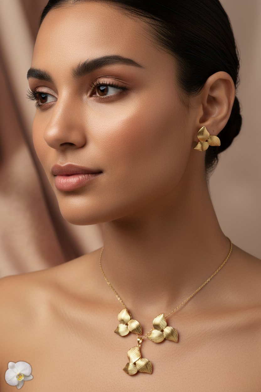Model wearing the Floral Stud Earrings and Necklace Set