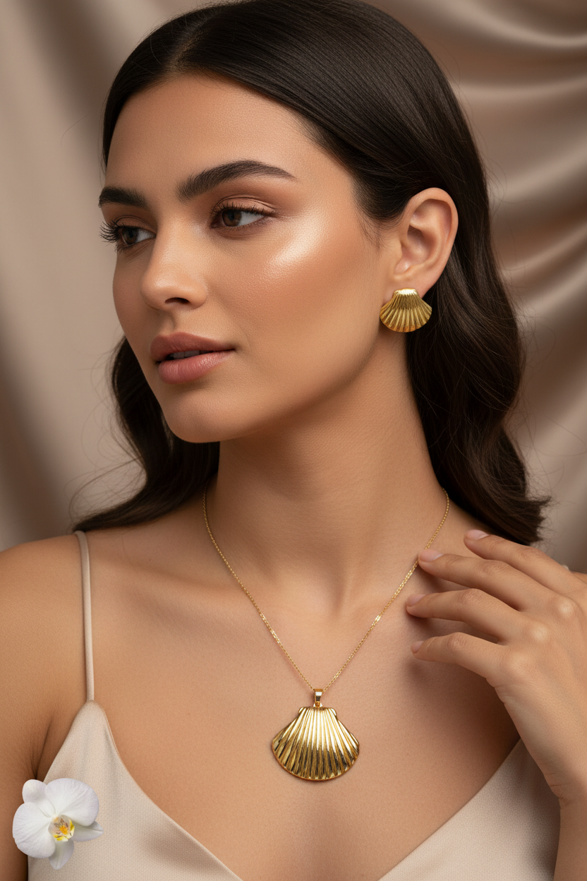 Model wearing the 18K Gold Plated Fluted Scallop Shell Pendant Necklace and Earring Set