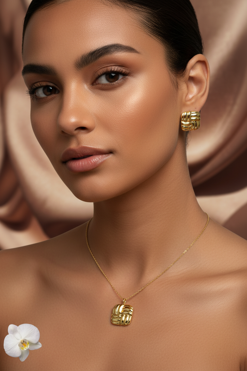 Model wearing the Gold Square Woven Pendant Necklace and Earring Set