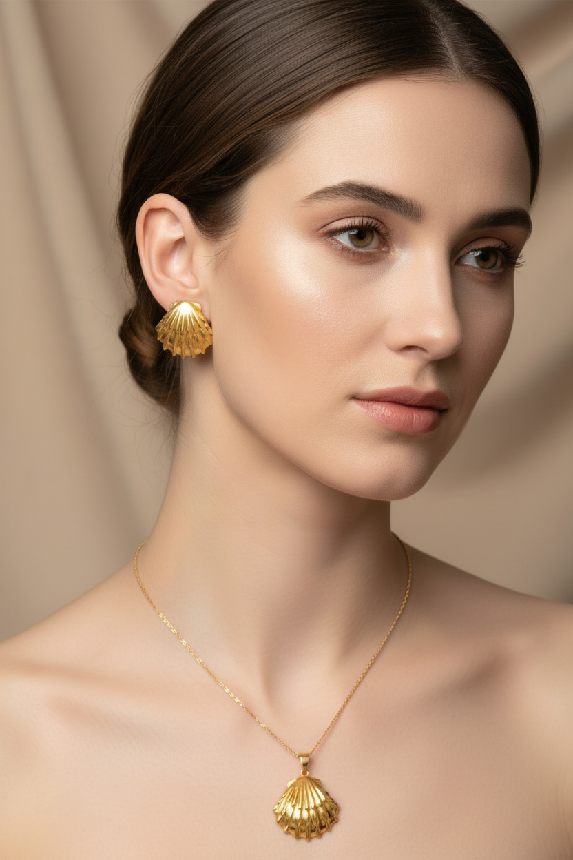 Gold Seashell Stud Earrings & Necklace Set