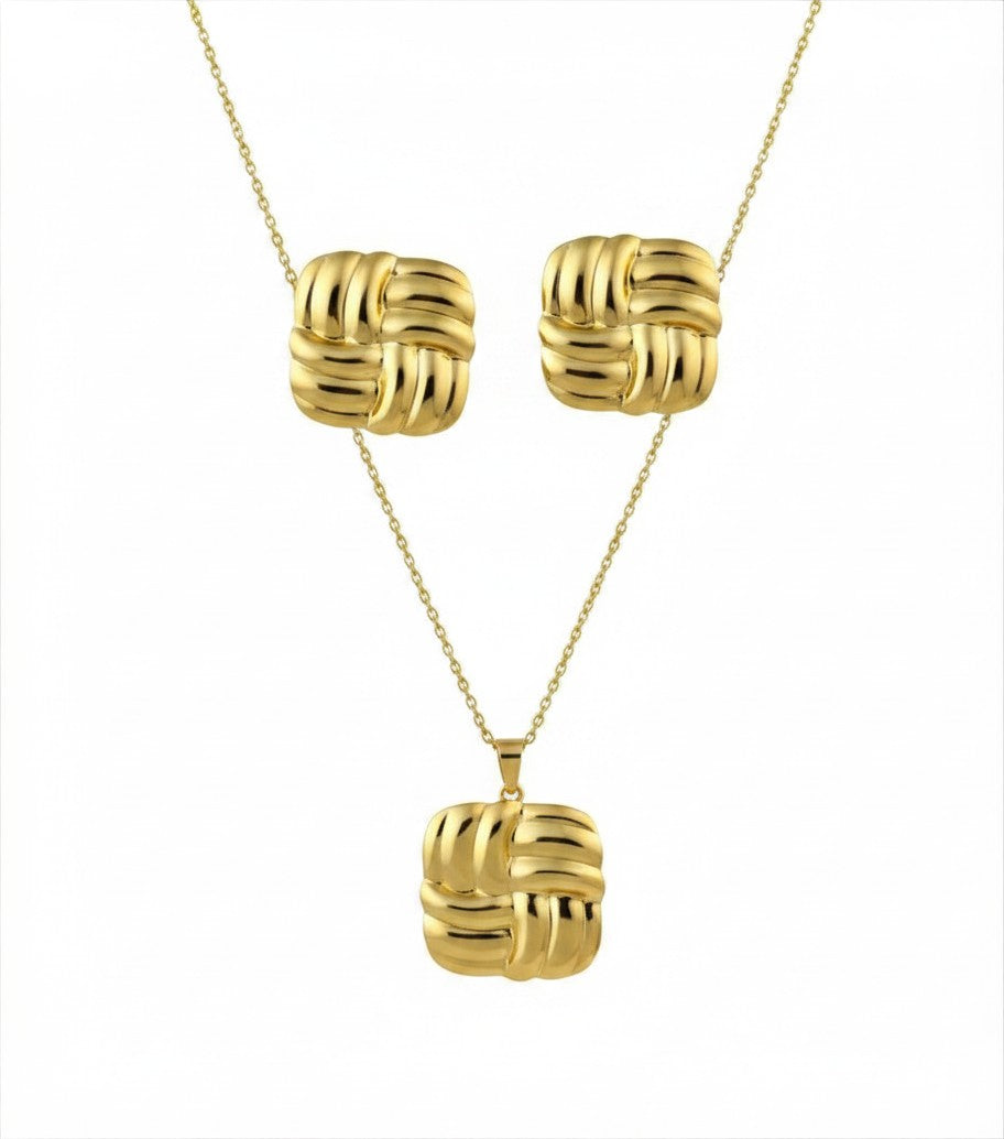 Gold Square Woven Pendant Necklace & Earring Set — 304 Stainless Steel